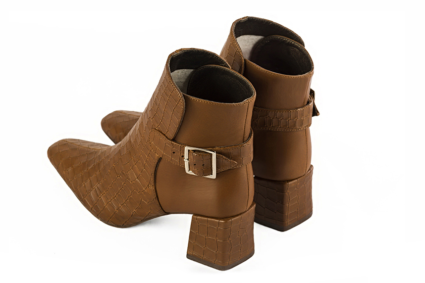 Caramel brown women's ankle boots with buckles at the back. Square toe. Medium block heels. Rear view - Florence KOOIJMAN